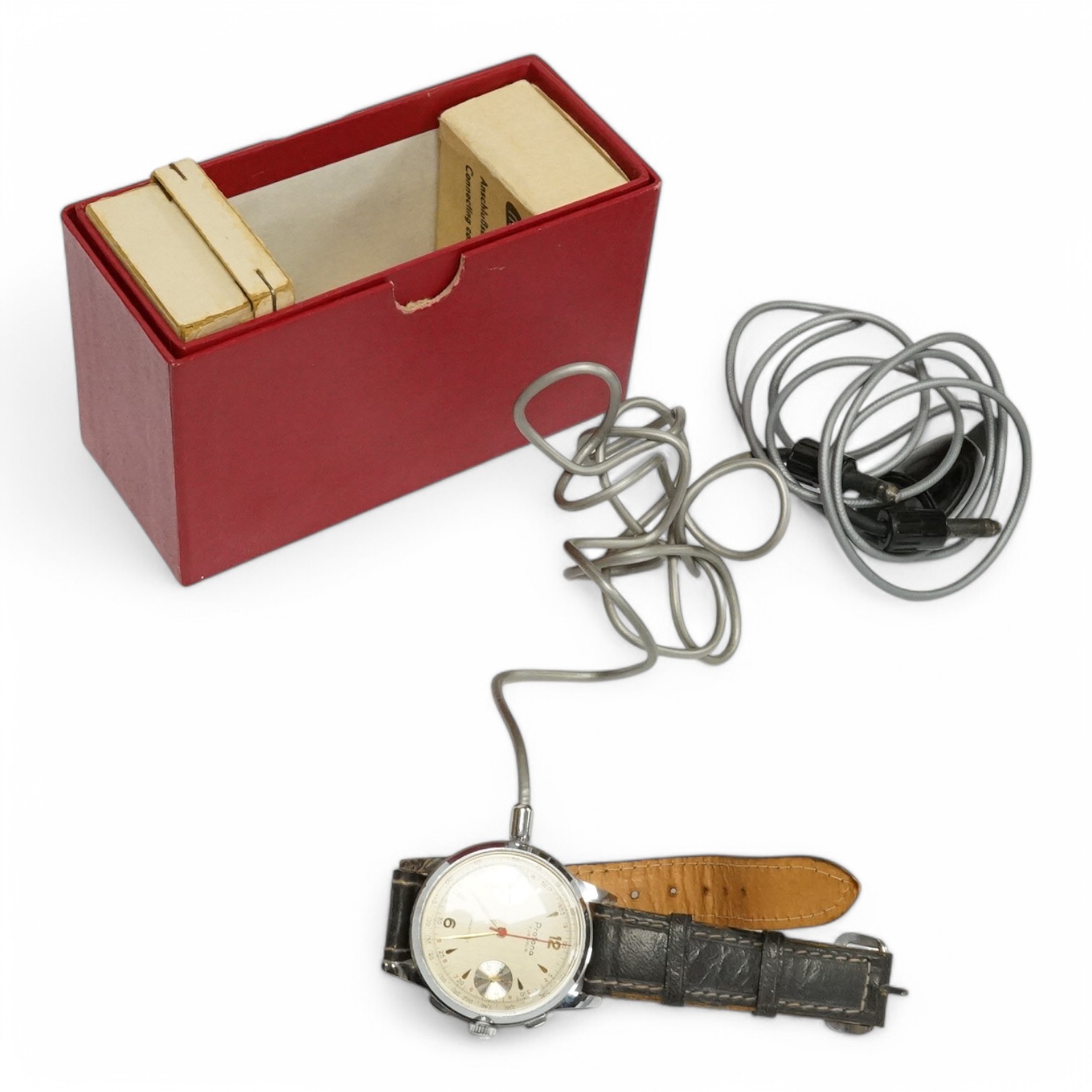 A gentleman's 1950s German steel Protona Minifon Surveillance wrist watch with box, cables and attachments. Condition - poor to fair